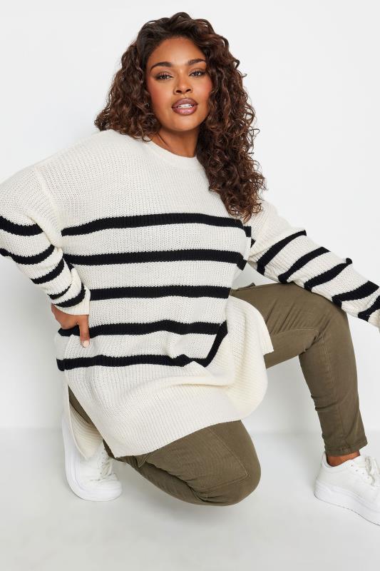 YOURS Plus Size White Stripe Side Split Knitted Jumper | Yours Clothing 5
