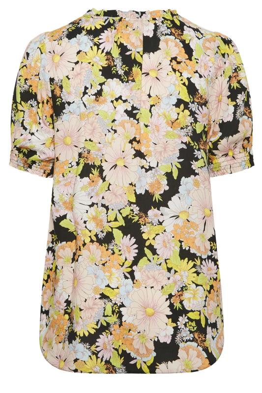 YOURS Plus Size Black & Yellow Floral Print Tie Neck Blouse | Yours Clothing 7
