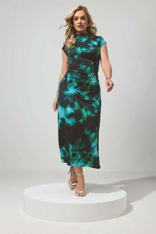 YOURS LONDON Plus Size Teal Blue Abstract Drape Dress | Yours Clothing 1
