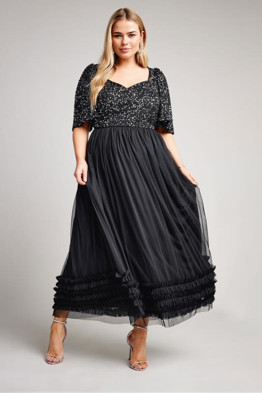  Tallas Grandes LUXE Curve Black Sequin Sweetheart Ruffle Maxi Dress