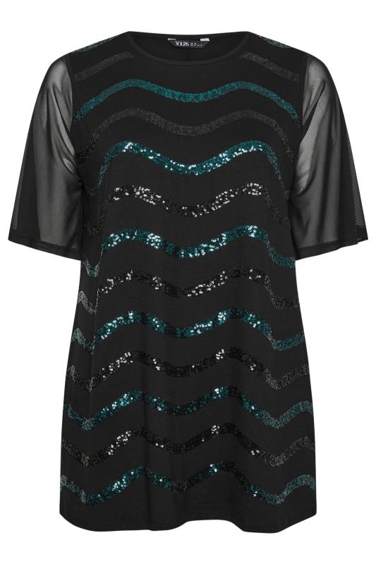 YOURS Plus Size Black & Blue Sequin Embellished Mesh Sleeve Top | Yours Clothing 5