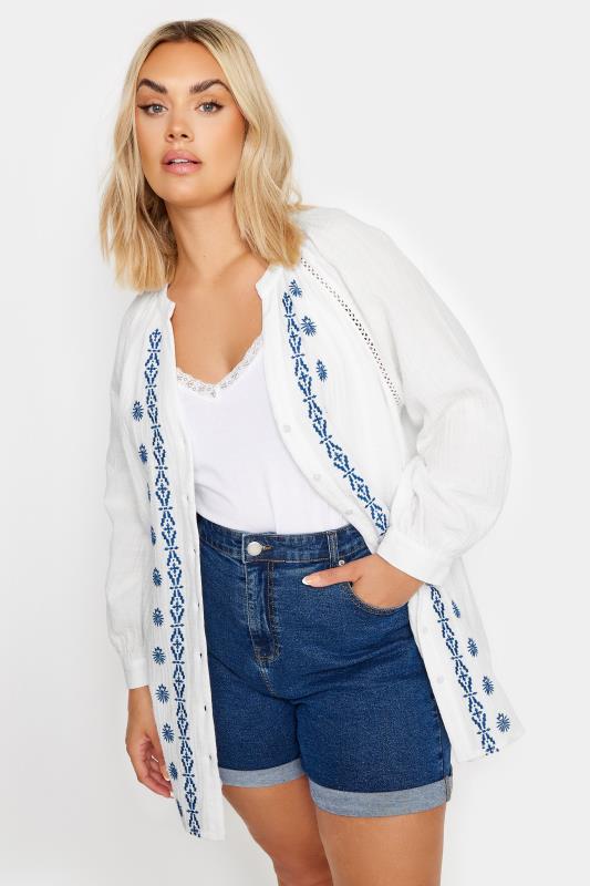 Plus Size  YOURS Curve White & Navy Blue Cheesecloth Blouse