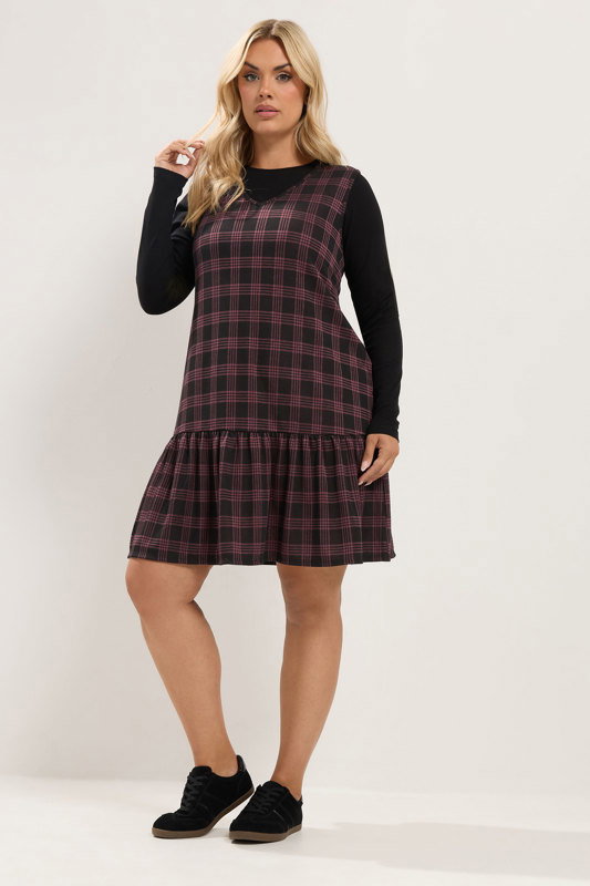 YOURS Plus Size Burgundy Red & Black Check Pinafore Dress