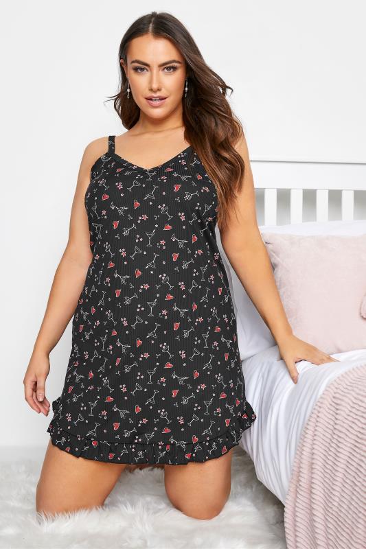 LIMITED COLLECTION Curve Black Heart & Cocktail Print Frill Nightdress 1