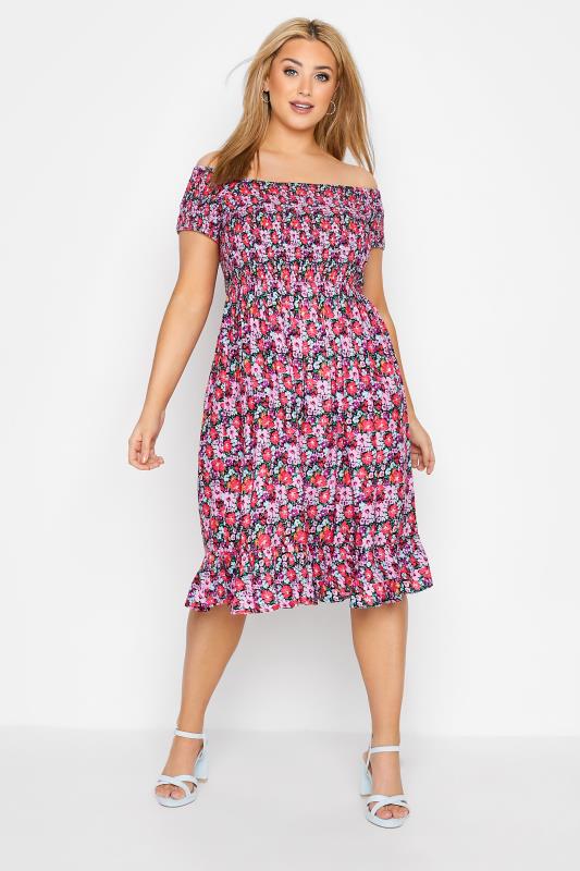 Plus Size Pink Floral Shirred Bardot Midaxi Dress | Yours Clothing 1
