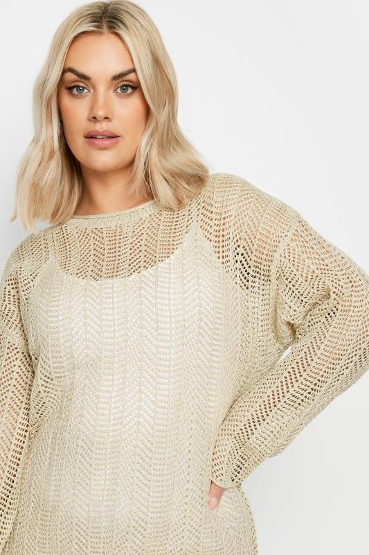 YOURS Plus Size Natural Brown Metallic Crochet Jumper | Yours Clothing 5