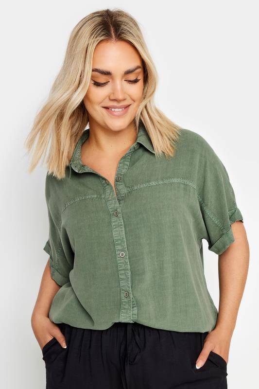 YOURS Plus Size Khaki Green Chambray Shirt | Yours Clothing 4