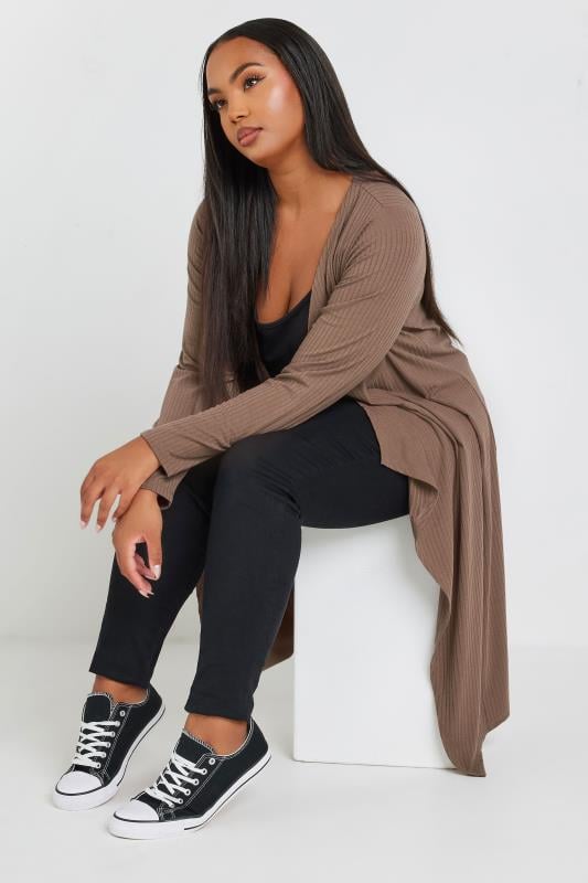 YOURS Plus Size Brown Ribbed Waterfall Maxi Cardigan | Yours Clothing  2