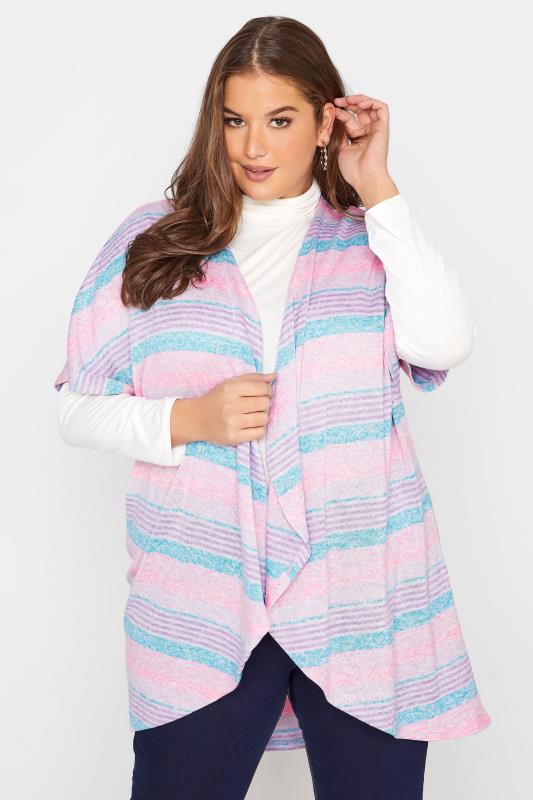 Plus Size  Curve Pink & Blue Striped Cardigan