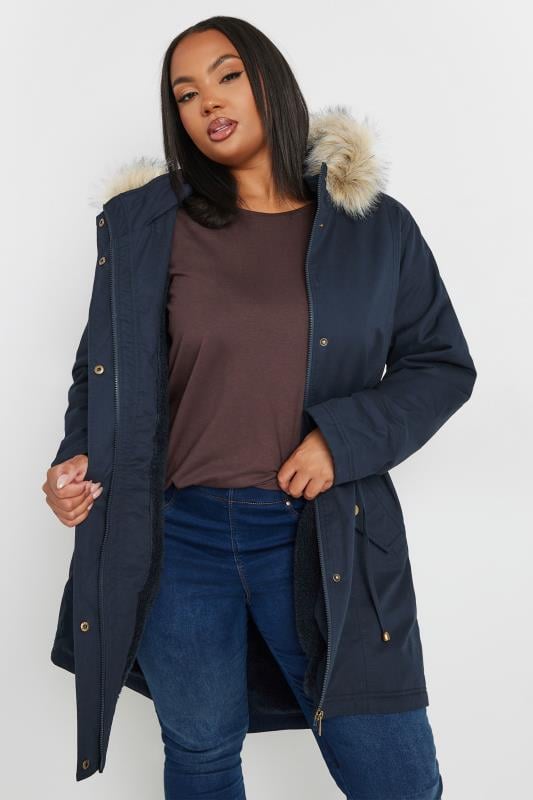 YOURS Plus Size Navy Blue Faux Fur Trim Parka Coat | Yours Clothing 2