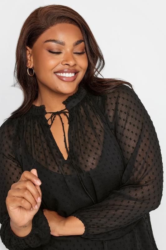 YOURS Plus Size Black Tie Neck Dobby Blouse | Yours Clothing 4