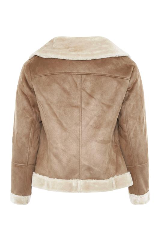 Yours Clothing Curve Beige Brown Faux Fur Trim Aviator Jacket Womens Clothing Jackets Fur jackets 