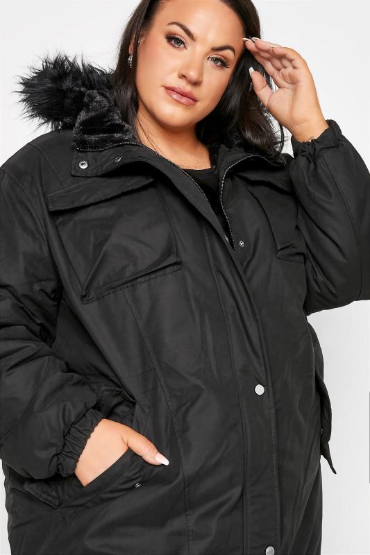 Plus Size Black Faux Fur-Lined Maxi Coat | Yours Clothing 4