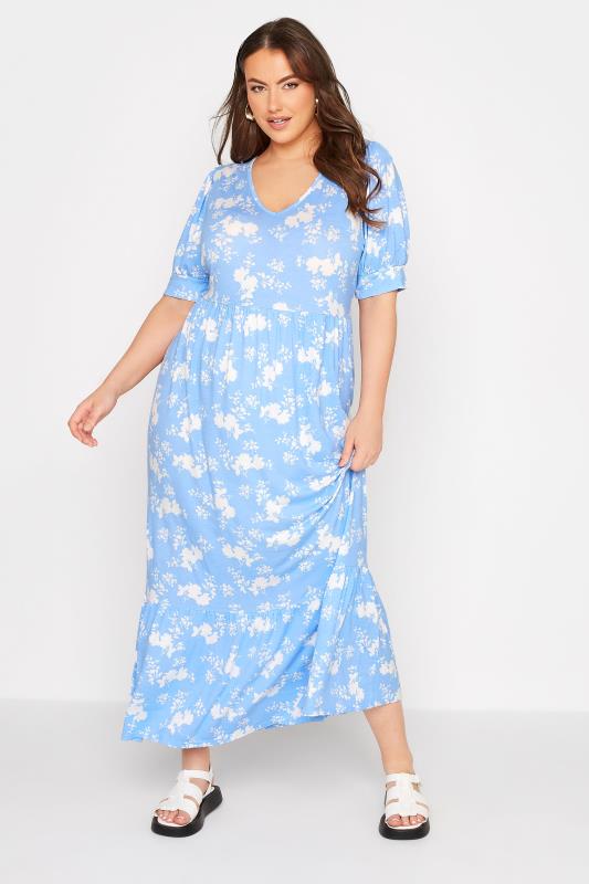 Plus Size Blue Floral V-Neck Maxi Dress | Yours Clothing 1