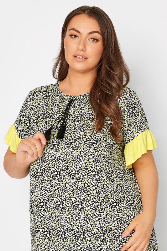 Plus Size Yellow Ditsy Print Contrast Trim Tunic Top | Yours Clothing 4