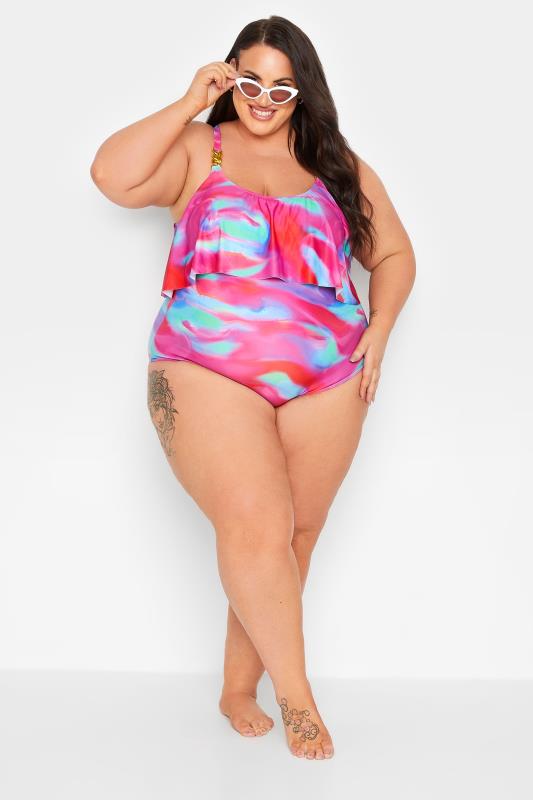 YOURS CurvePink Swirl Print Frill Chain Tummy Control Swimsuit | Yours Clothing 11