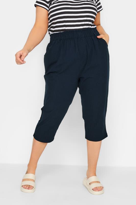 Plus Size  YOURS Curve Navy Blue Cool Cotton Cropped Joggers