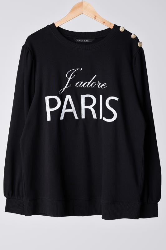 EVANS Plus Size Black 'Paris' Slogan Embroided Sweatshirt | Evans 5
