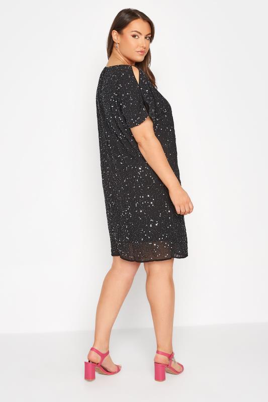 Plus Size LUXE Curve Black Sequin Hand Embellished Cold Shoulder Cape Dress | Yours Clothing 3