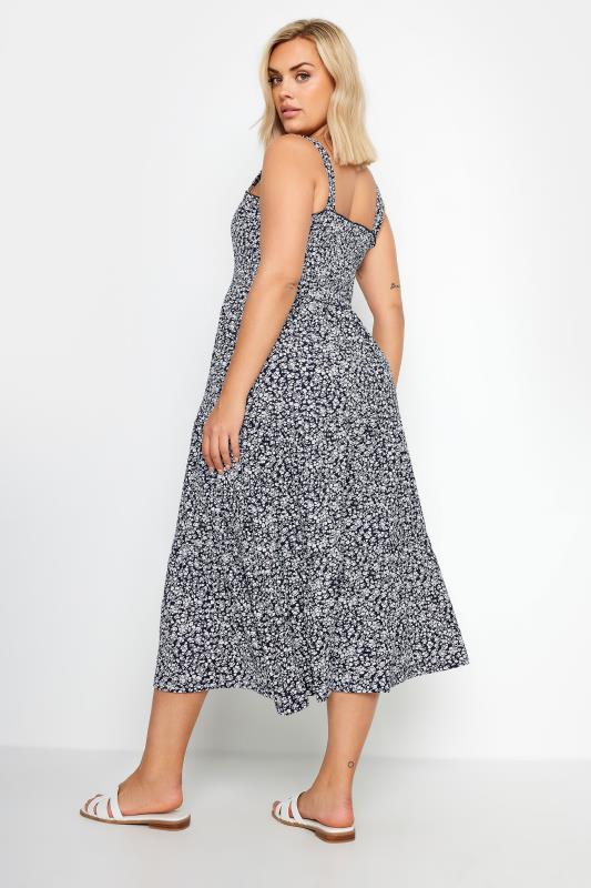 YOURS Plus Size Navy Blue Ditsy Floral Print Shirred Midi Dress | Yours Clothing 2