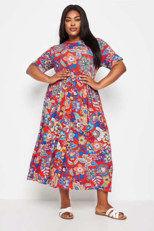 YOURS Plus Size Red Floral Print Midi Smock Dress | Yours Clothing 2