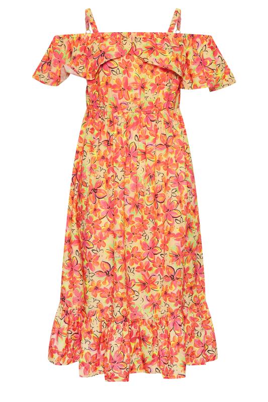 YOURS Plus Size Orange Floral Frill Cold Shoulder Midi Dress | Yours Clothing 8