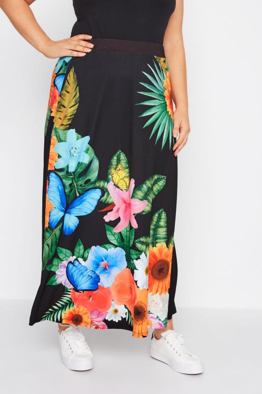 Plus Size  Curve Black Tropical Print Maxi Skirt