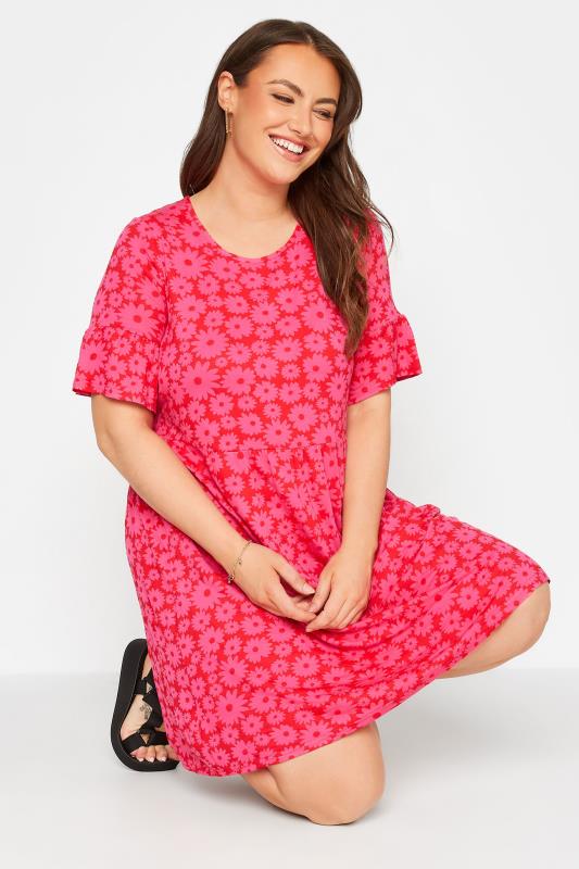 Curve Red & Pink Floral Print Smock Tunic Dress 3