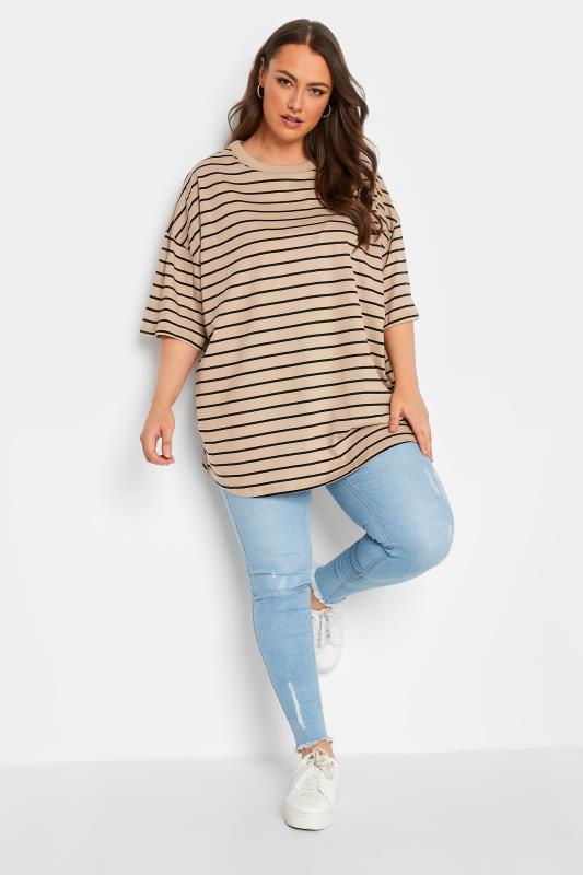 Plus Size Beige Brown Stripe Oversized Boxy T-Shirt | Yours Clothing 2