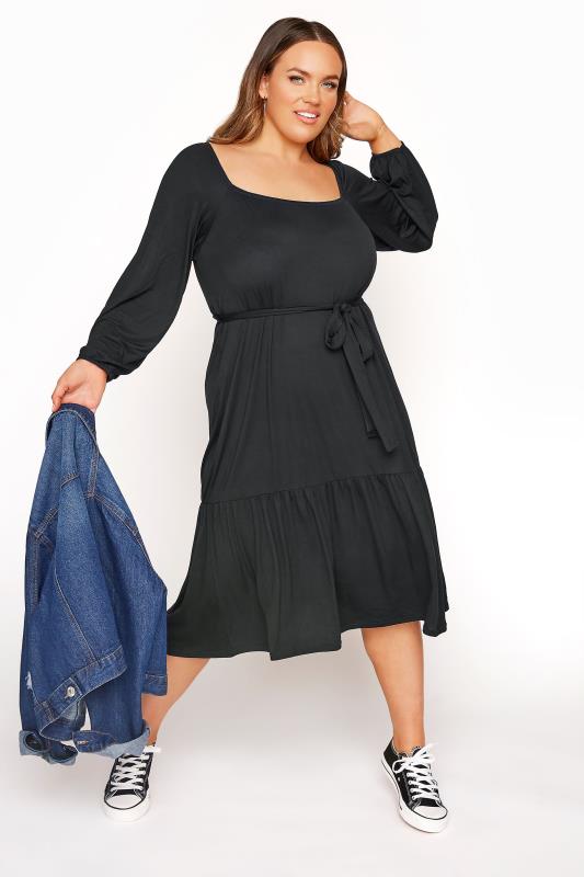 Großen Größen Jersey Dresses LIMITED COLLECTION Black Millkmaid Tiered Midi Dress