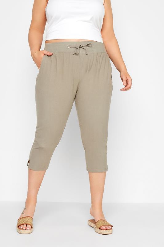  dla puszystych Curve Khaki Green Cool Cotton Cropped Trousers