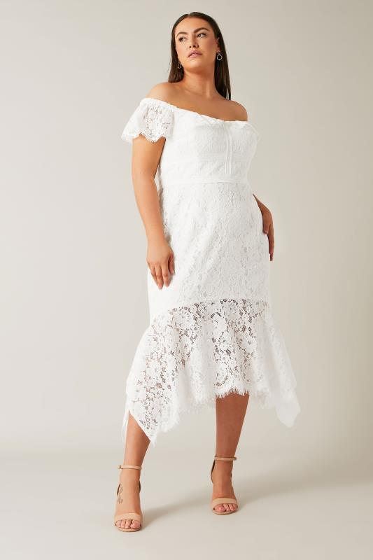 Plus Size  Evans White Lace Bardot Midi Dress