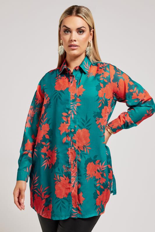 Plus Size  YOURS LONDON Curve Green Floral Print Shirt