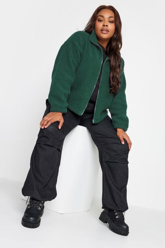 YOURS Plus Size Forest Green Cropped Zip Through Teddy Fleece | Yours Clothing 4