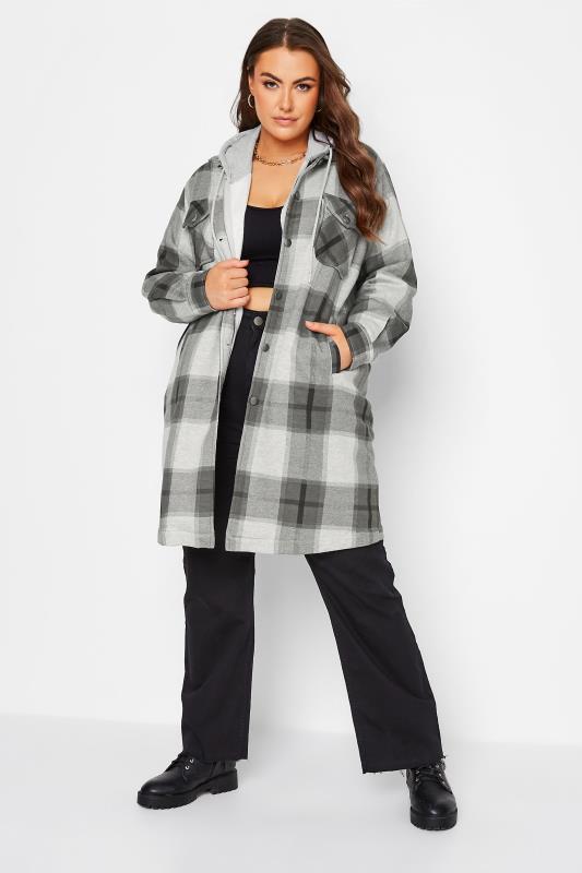 Curve Plus Size Grey & White Longline Check Shacket | Yours Clothing 2