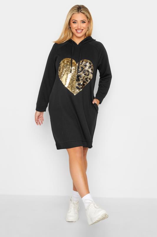 YOURS Plus Size Black Heart Sequin Embellished Hoodie Dress | Yours Clothing 1