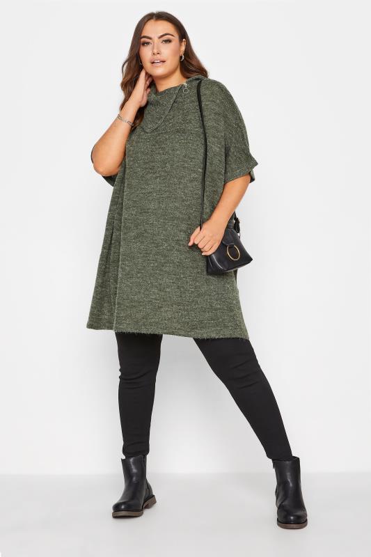 Plus Size Curve Green Asymmetric Zip Neck Knitted Jumper | Yours Clothing 2