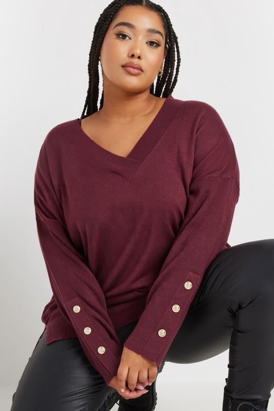 YOURS Plus Size Burgundy Red Button Sleeve Jumper | Yours Clothing  5