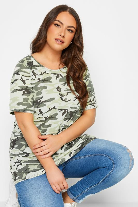 Plus Size  YOURS Curve Khaki Green Camo Print Oversized T-Shirt