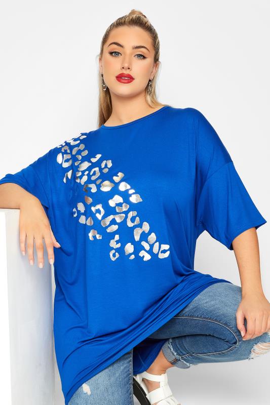 LIMITED COLLECTION Curve Cobalt Blue Foil Leopard Print Oversized T-Shirt 4