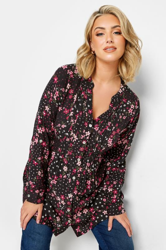 YOURS Curve Plus Size Black Floral Pintuck Shirt | Yours Clothing  1