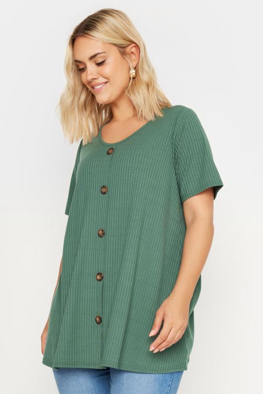 YOURS Plus Size Green Button Front Ribbed T-Shirt | Yours Clothing 1