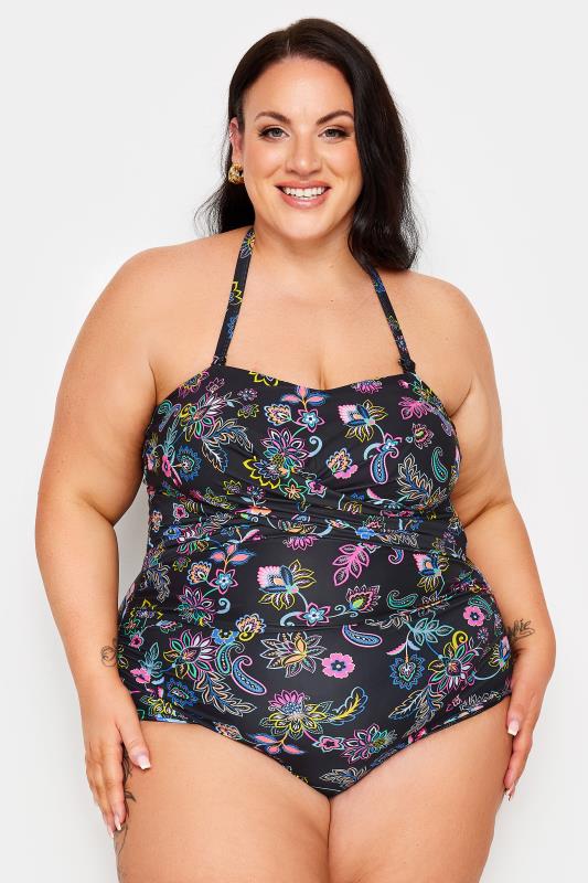 YOURS Plus Size Black Floral Paisley Print Tummy Control Swimsuit | Yours Clothing 3