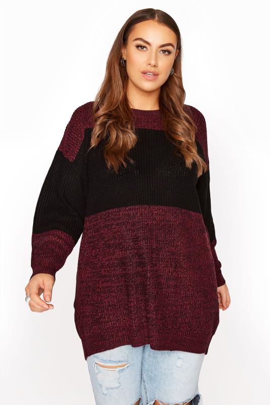 Plus Size  Wine Red Colour Block Knitted Jumper