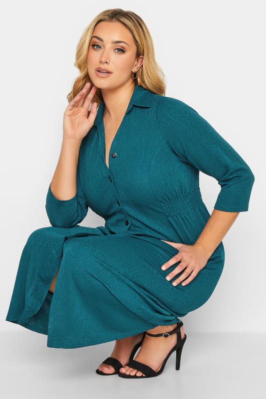 Plus Size Teal Blue Textured Collared Dress | Yours Clothing