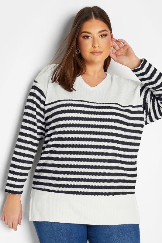 YOURS Curve Plus Size White Stripe Long Sleeve Jumper | Yours Clothing  1