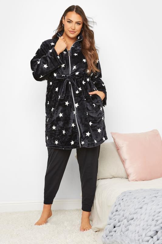 Plus Size Black Star Print Zip Through Dressing Gown | Yours Clothing 3