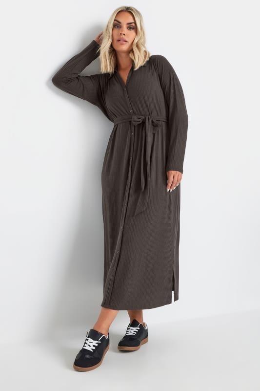 Plus Size  YOURS Curve Chocolate Brown Button Front Ribbed Tie Waist Midi Dress