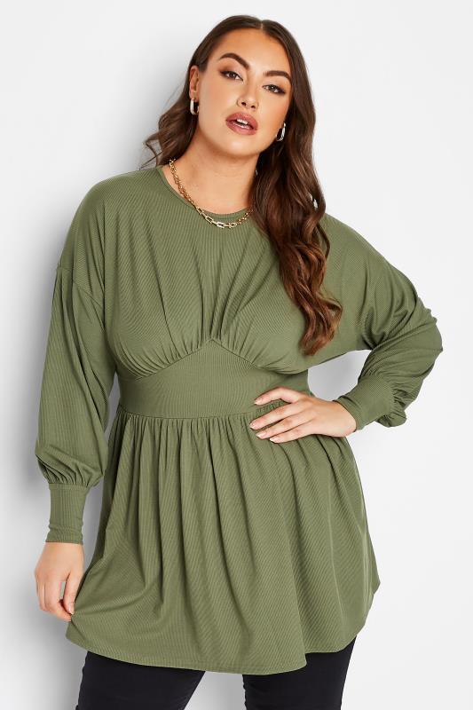 LIMITED COLLECTION Plus Size Curve Khaki Green Corset Long Sleeve Top | Yours Clothing 1