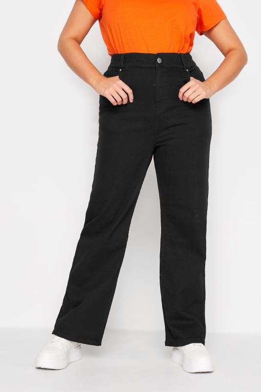 YOURS Plus Size Black Elasticated Waist Stretch Wide Leg Jeans | Yours Clothing  1